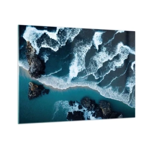 Quadro su vetro - Onde del mare che si infrangono contro la costa rocciosa - 70x50cm - Avvolte dalle onde - Decorazione murale moderna per soggiorno e camera da letto ARTTOR