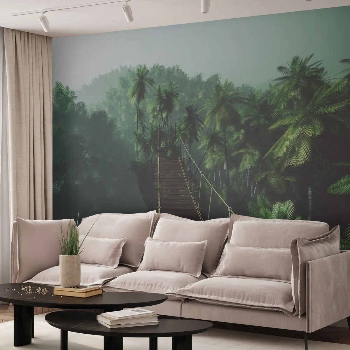 Fotomurali Premium Sand - Un ponte sospeso nella giungla tropicale circondato dalla nebbia. - 100x70cm - Nel vortice del verde - Decorazione murale moderna per soggiorno e camera da letto ARTTOR