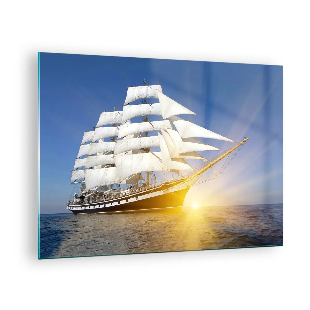 Quadro su vetro - Una nave a vela illuminata dai raggi del sole in mare aperto - 70x50cm - Il loro tempo non passa mai - Decorazione murale moderna per soggiorno e camera da letto ARTTOR