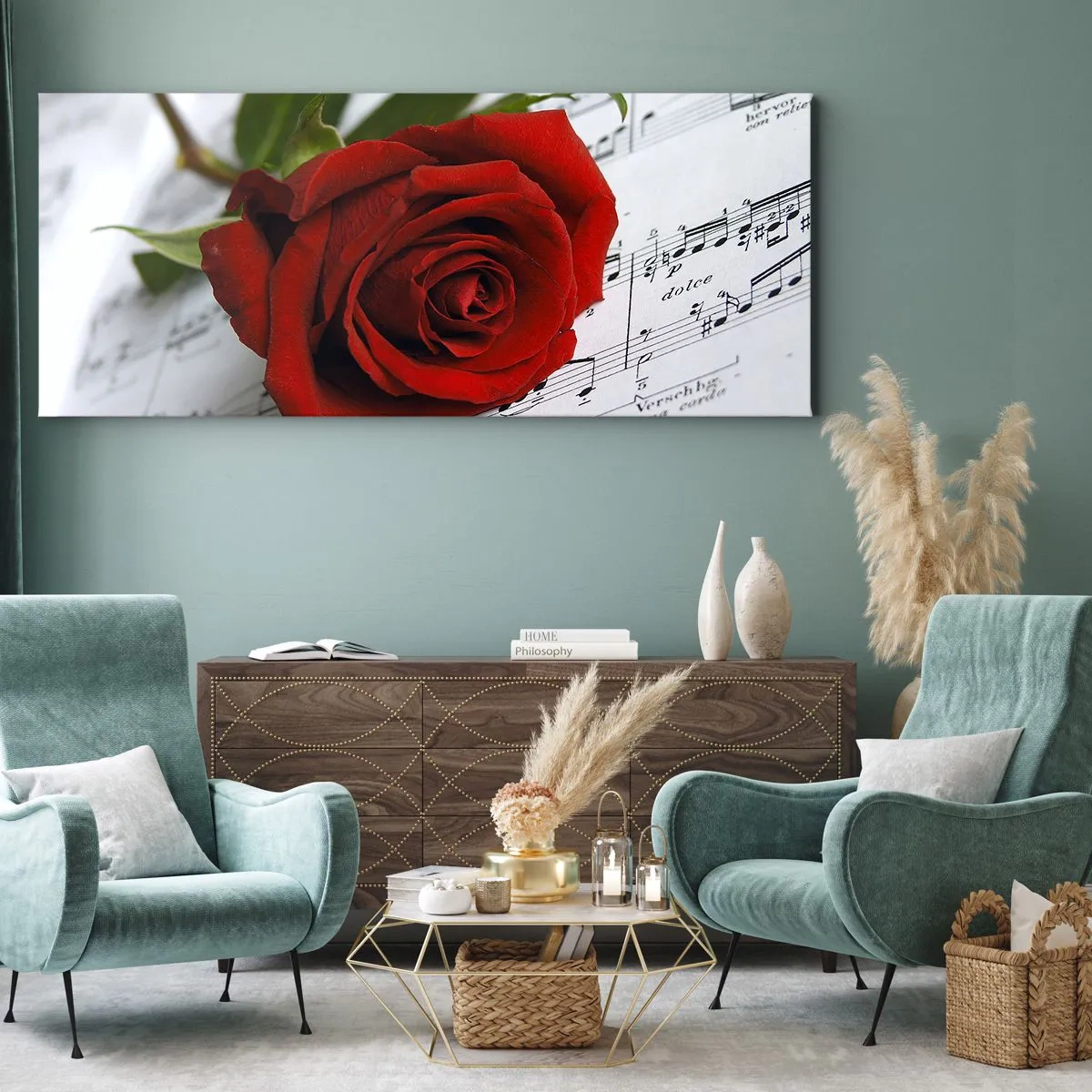Quadro su tela - Stampe su Tela - Una rosa rossa su uno sfondo di note musicali su carta bianca. - 140x50cm - La musica dei sentimenti in scarlatto - Decorazione murale moderna per soggiorno e camera da letto ARTTOR