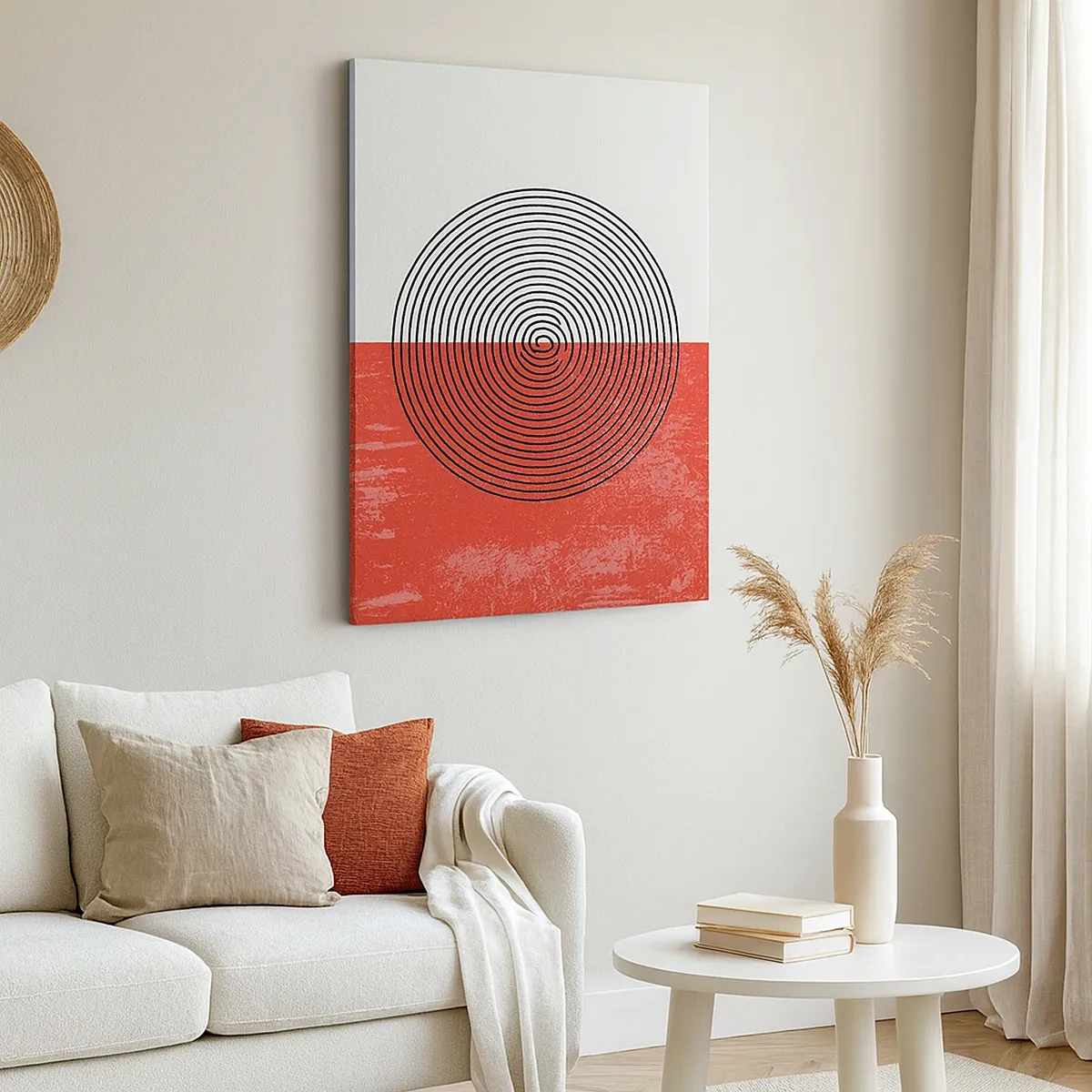 Quadro su tela - Stampe su Tela - Motivo geometrico con cerchi concentrici su sfondo rosso e bianco - 50x70cm - Dritto al centro - Decorazione murale moderna per soggiorno e camera da letto ARTTOR