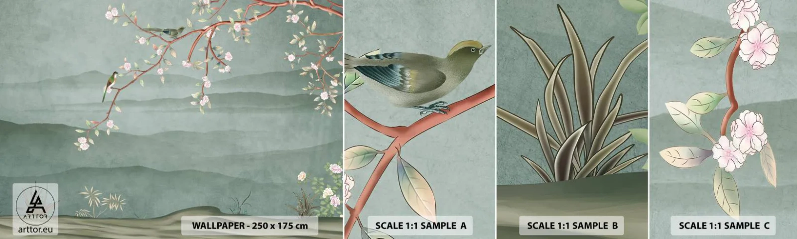 Campione di Fotomurale Adesivo Deluxe Sticker - Eccoti primavera - Pastello, Uccelli, Fiori - 100x30 cm