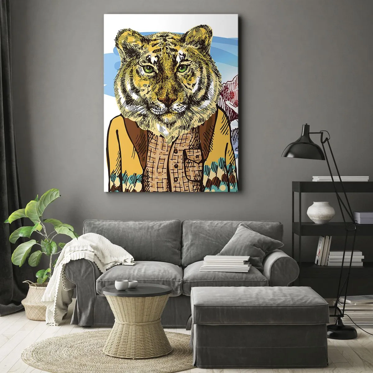 Quadro su tela - Stampe su Tela - Una tigre con un cappotto sullo sfondo di un paesaggio montano - 80x120cm - Non così selvaggia come la si dipinge - Decorazione murale moderna per soggiorno e camera da letto ARTTOR