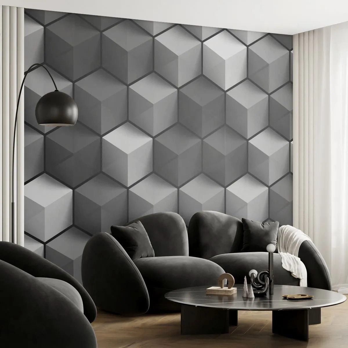 Fotomurali Premium Sand - Motivi cubici 3D in bianco e nero - 100x70cm - Puzzle cubista - Decorazione murale moderna per soggiorno e camera da letto ARTTOR