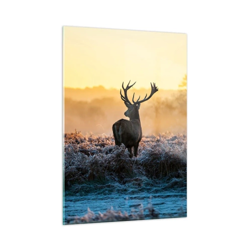 Quadro su vetro - Cervi in una mattina gelida con l'alba sullo sfondo - 50x70cm - Incoronato nelle sue terre - Decorazione murale moderna per soggiorno e camera da letto ARTTOR