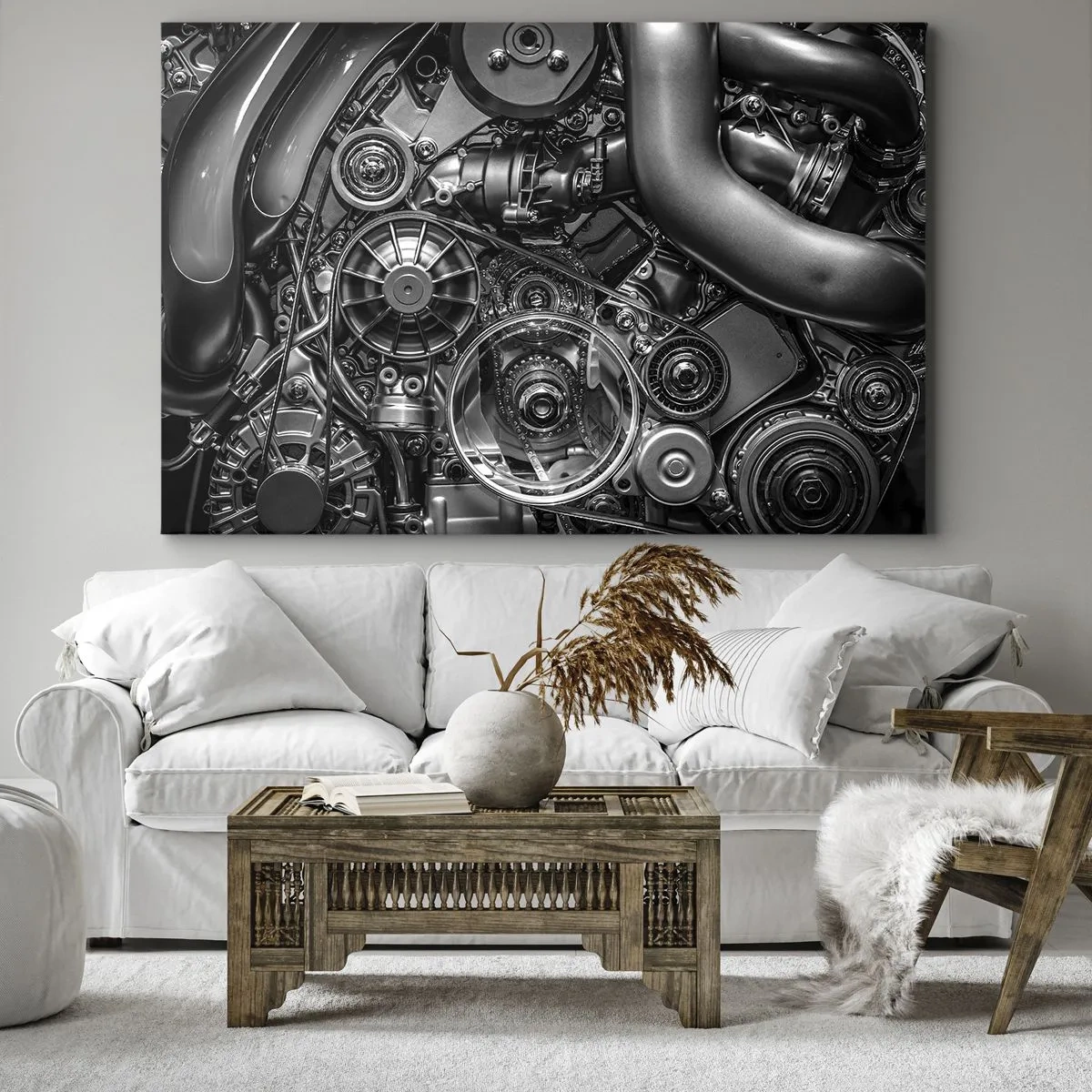 Quadro su tela - Stampe su Tela - Primo piano in bianco e nero dei dettagli meccanici del motore di un'auto. - 100x70cm - La poesia della meccanica - Decorazione murale moderna per soggiorno e camera da letto ARTTOR