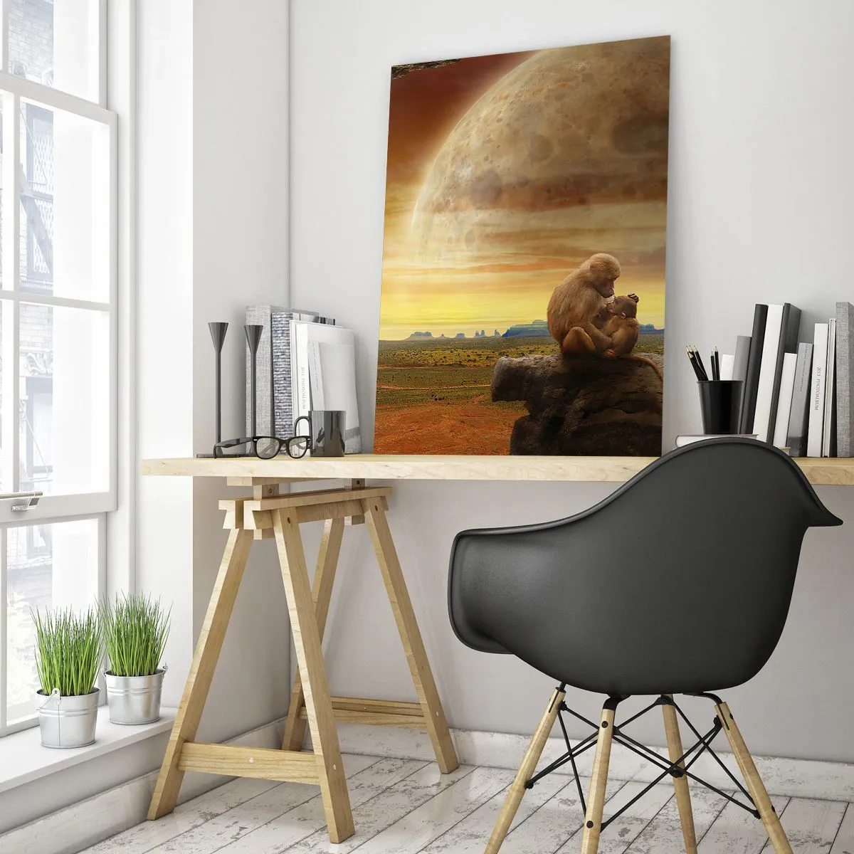 Quadro su vetro - Scimmie sedute su una roccia in un paesaggio surreale con un pianeta gigante - 80x120cm - L'amore è ovunque lo stesso - Decorazione murale moderna per soggiorno e camera da letto ARTTOR