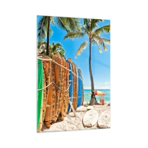Quadro su vetro - Tavole da surf colorate su una spiaggia tropicale - 50x70cm - Divertimento sotto il sole - Decorazione murale moderna per soggiorno e camera da letto ARTTOR