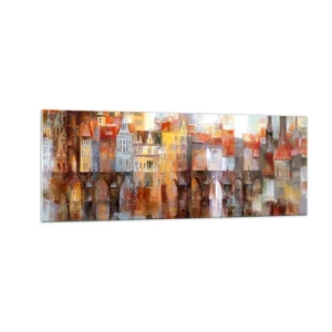 Quadro su vetro - Un pittoresco panorama della città con un ponte nei colori autunnali - 140x50cm - Anche sotto il ponte è bello - Decorazione murale moderna per soggiorno e camera da letto ARTTOR