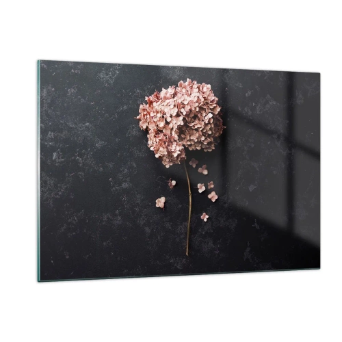 Quadro su vetro - Ortensia secca con petali sparsi su sfondo scuro - 120x80cm - Un vero segno romantico - Decorazione murale moderna per soggiorno e camera da letto ARTTOR
