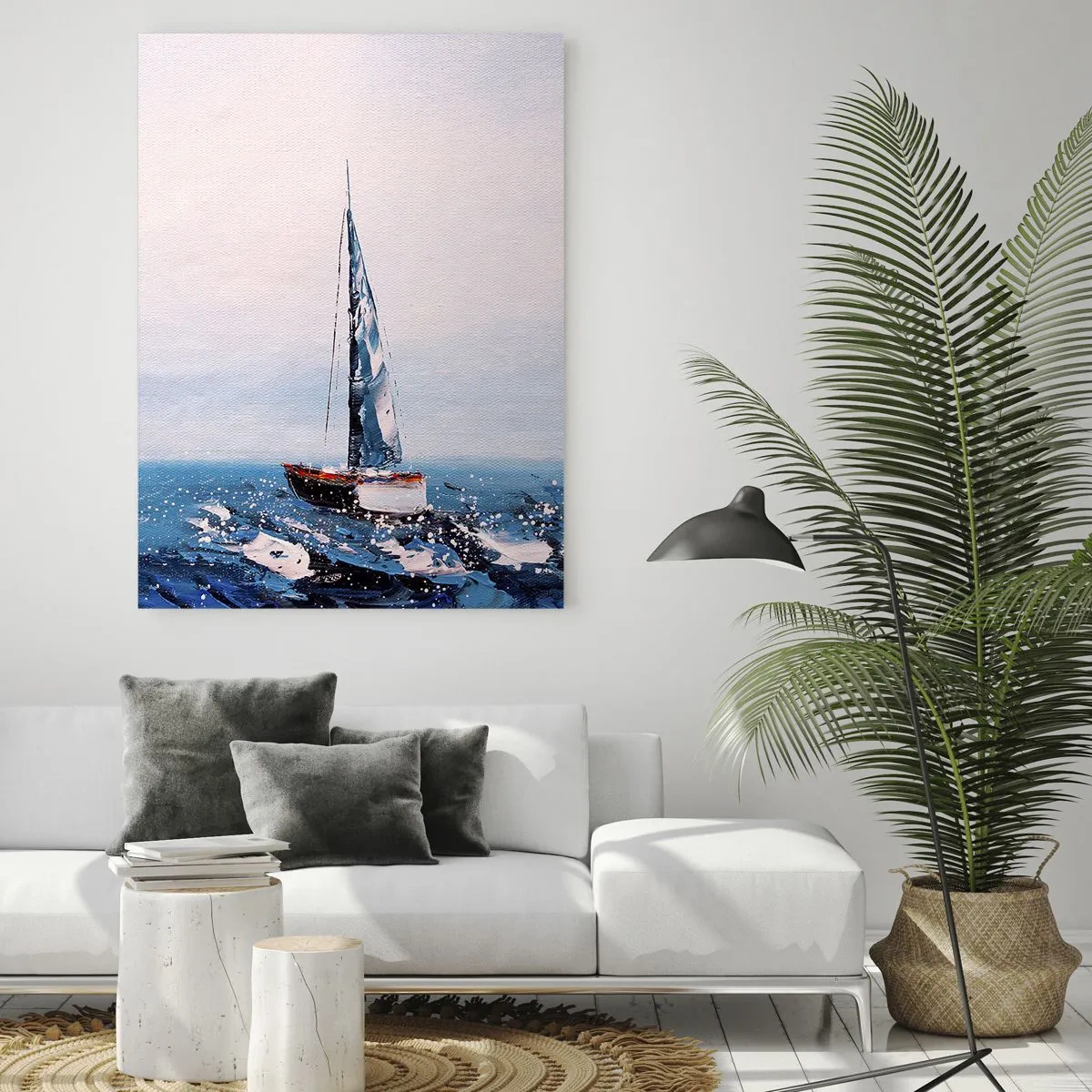 Quadro su vetro - Due yacht su un mare in tempesta in uno stile pittorico impressionista. - 50x70cm - Fratellanza nel vento - Decorazione murale moderna per soggiorno e camera da letto ARTTOR