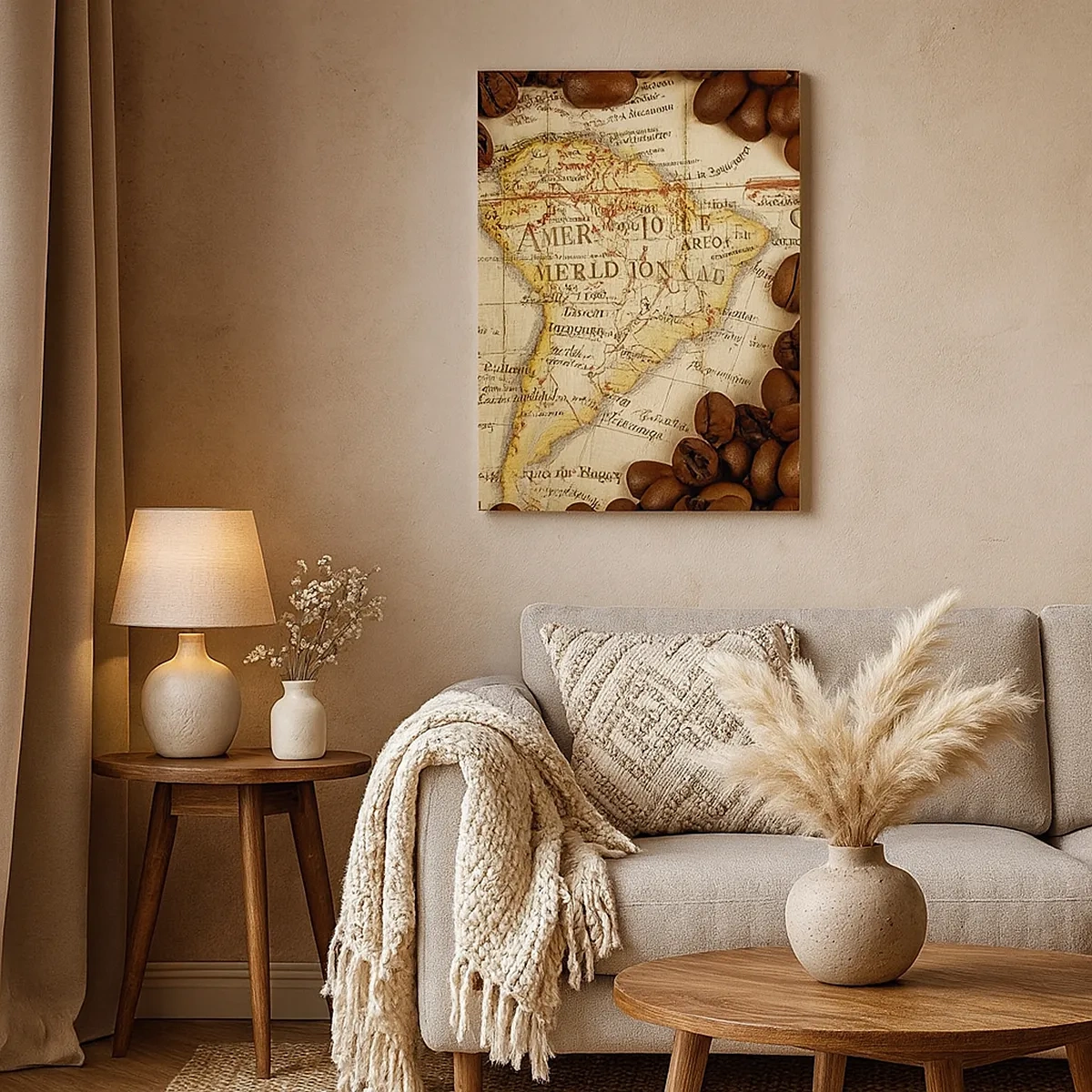 Quadro su tela - Stampe su Tela - Una mappa del Sud America circondata da chicchi di caffè. - 50x70cm - Da dove viene il miglior caffè? - Decorazione murale moderna per soggiorno e camera da letto ARTTOR