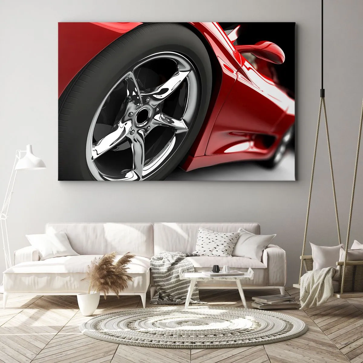 Quadro su tela - Stampe su Tela - Auto sportiva rossa con cerchi cromati - 120x80cm - Fatta per la velocità - Decorazione murale moderna per soggiorno e camera da letto ARTTOR
