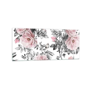 Quadro su vetro - Rose rosa e foglie su un delicato sfondo bianco e nero - 120x50cm - Perdersi tra le rose - Decorazione murale moderna per soggiorno e camera da letto ARTTOR