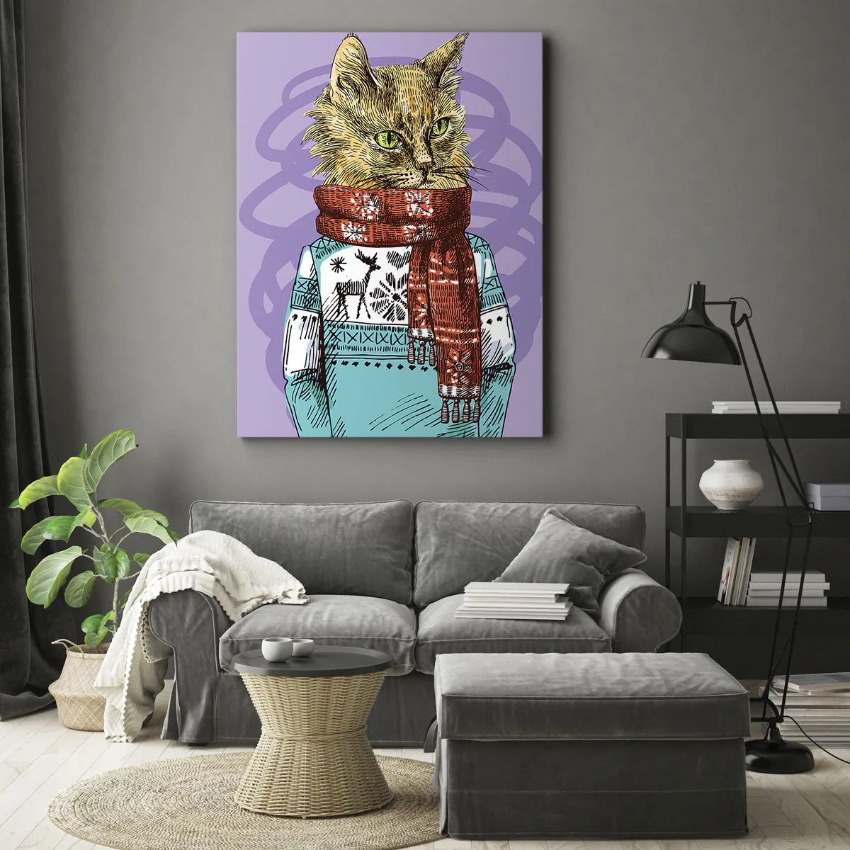 Quadro su tela - Stampe su Tela - Un gatto con un maglione e una sciarpa su uno sfondo viola - 70x100cm - Un gatto non solo con gli stivali - Decorazione murale moderna per soggiorno e camera da letto ARTTOR
