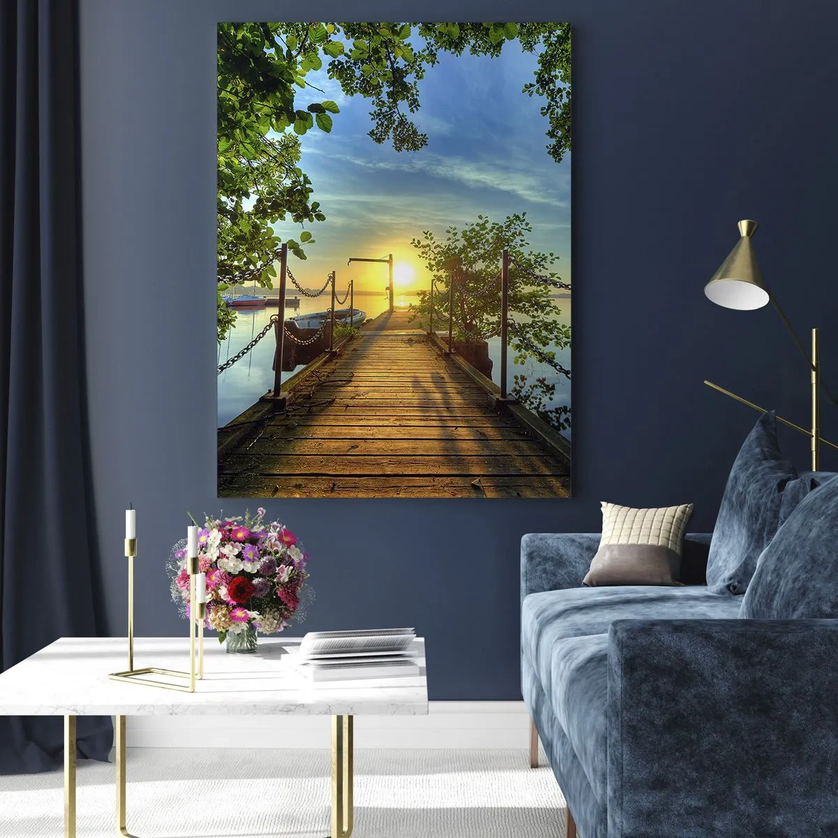 Quadro su vetro - Un molo sul lago sotto i raggi del tramonto - 80x120cm - Tramonto sul lago - Decorazione murale moderna per soggiorno e camera da letto ARTTOR