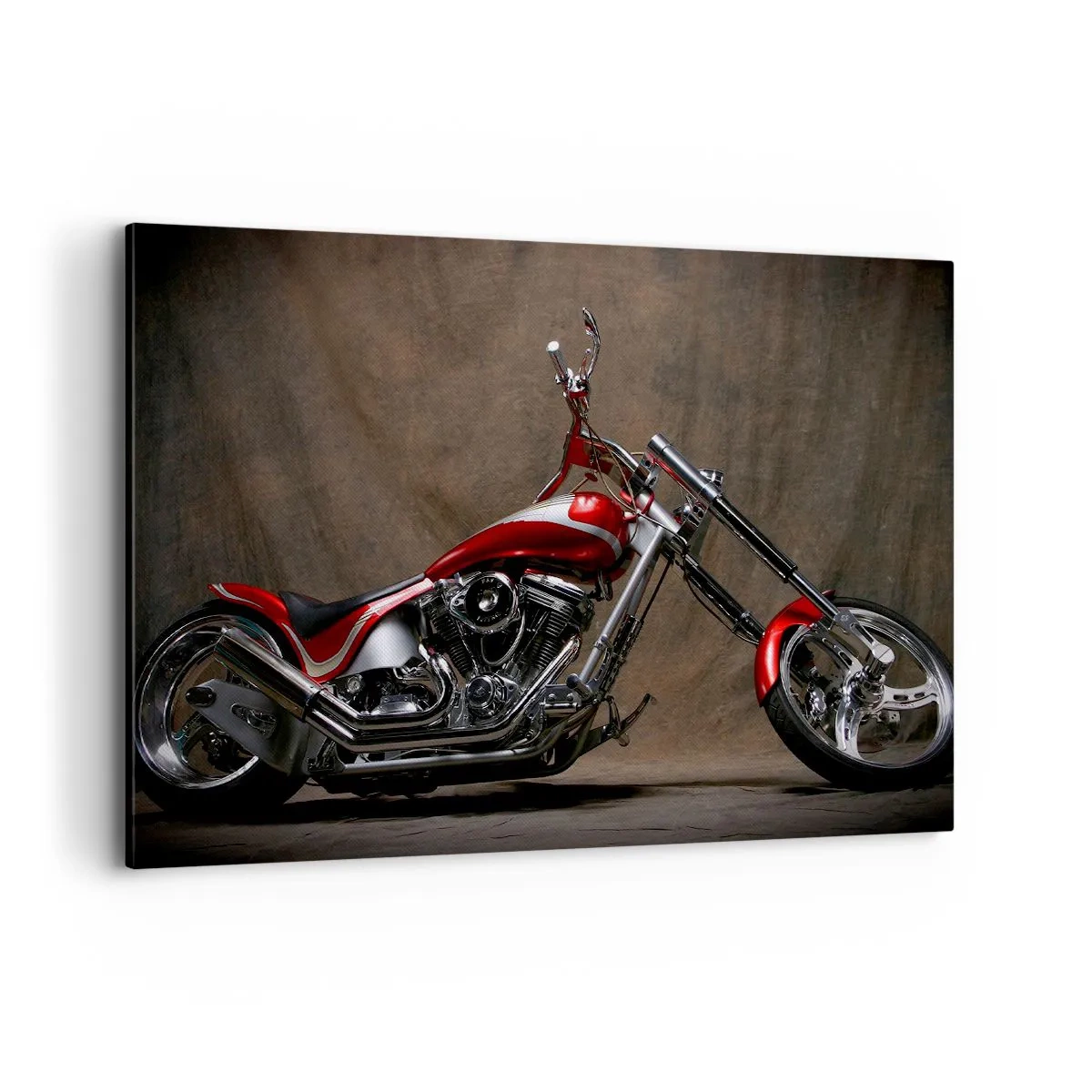 Quadro su tela - Stampe su Tela - Motocicletta personalizzata rossa su sfondo in tessuto marrone - 100x70cm - Bellezza in rosso e argento - Decorazione murale moderna per soggiorno e camera da letto ARTTOR