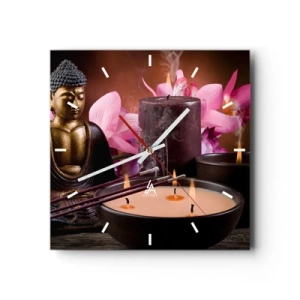 Orologio da parete - Orologio in Vetro - Statuetta di Buddha con candele accese e bastoncini di incenso - 30x30cm - Purificare la mente, calmare il corpo - Decorazione murale moderna per soggiorno e camera da letto ARTTOR