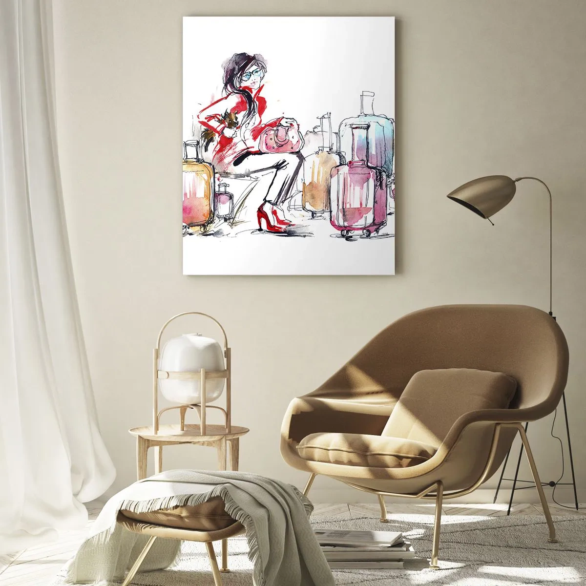Quadro su vetro - Una donna con un cappotto rosso circondata da valigie in stile schizzato. - 50x70cm - Sediamoci prima del viaggio - Decorazione murale moderna per soggiorno e camera da letto ARTTOR