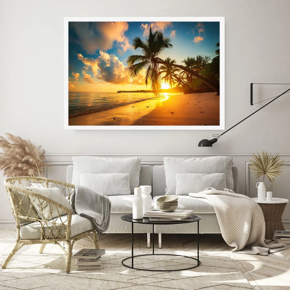 Poster - Spiaggia al tramonto con palme in riva al mare - 100x70cm - Sogno dei Caraibi - Decorazione murale moderna per soggiorno e camera da letto ARTTOR