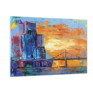 Quadro su vetro - La città colorata e il ponte al chiarore del sole al tramonto - 120x80cm - Cultura e natura - Decorazione murale moderna per soggiorno e camera da letto ARTTOR