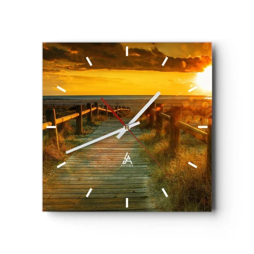 Orologio da parete - Orologio in Vetro - Un sentiero in legno che conduce alla spiaggia al chiarore del sole al tramonto - 30x30cm - Immerse nell'oro vecchio - Decorazione murale moderna per soggiorno e camera da letto ARTTOR