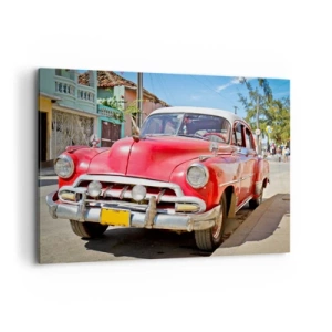 Quadro su tela - Stampe su Tela - Un'auto classica rossa parcheggiata sulla strada in una giornata di sole - 100x70cm - Ancora solamente a Cuba - Decorazione murale moderna per soggiorno e camera da letto ARTTOR