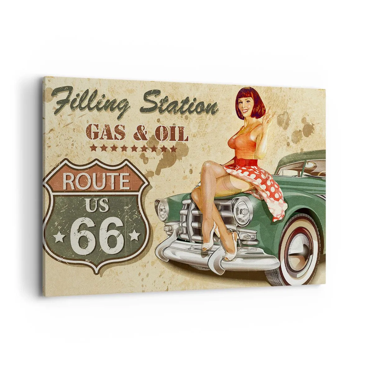 Quadro su tela - Stampe su Tela - Poster retrò della Route 66 con ragazza pin-up e macchina - 100x70cm - I fantastici anni '40 - Decorazione murale moderna per soggiorno e camera da letto ARTTOR