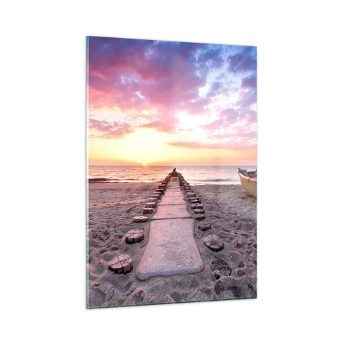 Quadro su vetro - Spiaggia al tramonto con barca e molo - 50x70cm - Un momento profondo - Decorazione murale moderna per soggiorno e camera da letto ARTTOR