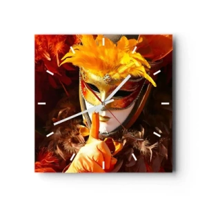Orologio da parete - Orologio in Vetro - Maschera di Carnevale nei toni dell'oro e dell'arancione - 30x30cm - Il mistero è parte del gioco - Decorazione murale moderna per soggiorno e camera da letto ARTTOR