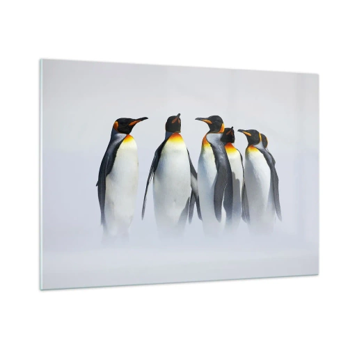 Quadro su vetro - Un gruppo di pinguini in uno scenario invernale - 100x70cm - Incontro in abito da sera - Decorazione murale moderna per soggiorno e camera da letto ARTTOR