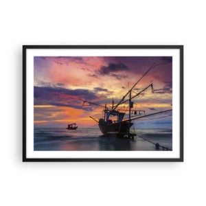 Poster in cornice nera - Una barca da pesca sullo sfondo di un tramonto colorato - 70x50cm - Sera esotica - Decorazione murale moderna per soggiorno e camera da letto ARTTOR