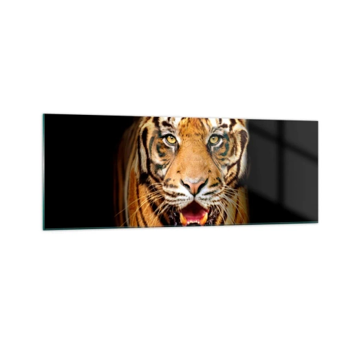 Quadro su vetro - Una tigre con la bocca aperta su uno sfondo nero - 140x50cm - Cuore selvatico - Decorazione murale moderna per soggiorno e camera da letto ARTTOR