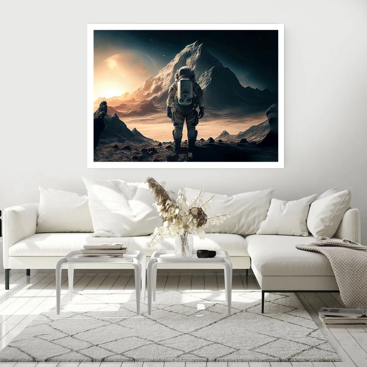 Poster - Astronauta sullo sfondo di maestose montagne - 100x70cm - Nuova sfida - Decorazione murale moderna per soggiorno e camera da letto ARTTOR