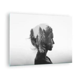 Quadro su vetro - Una donna in bianco e nero con un motivo di foresta di conifere sovrapposto - 70x50cm - La signora della pineta - Decorazione murale moderna per soggiorno e camera da letto ARTTOR