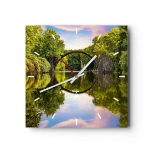 Orologio da parete - Orologio in Vetro - Un ponte di pietra sopra un fiume con un riflesso perfetto nell'acqua - 30x30cm - All'incontro di due mondi - Decorazione murale moderna per soggiorno e camera da letto ARTTOR