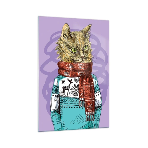 Quadro su vetro - Un gatto con un maglione e una sciarpa su uno sfondo viola - 70x100cm - Un gatto non solo con gli stivali - Decorazione murale moderna per soggiorno e camera da letto ARTTOR