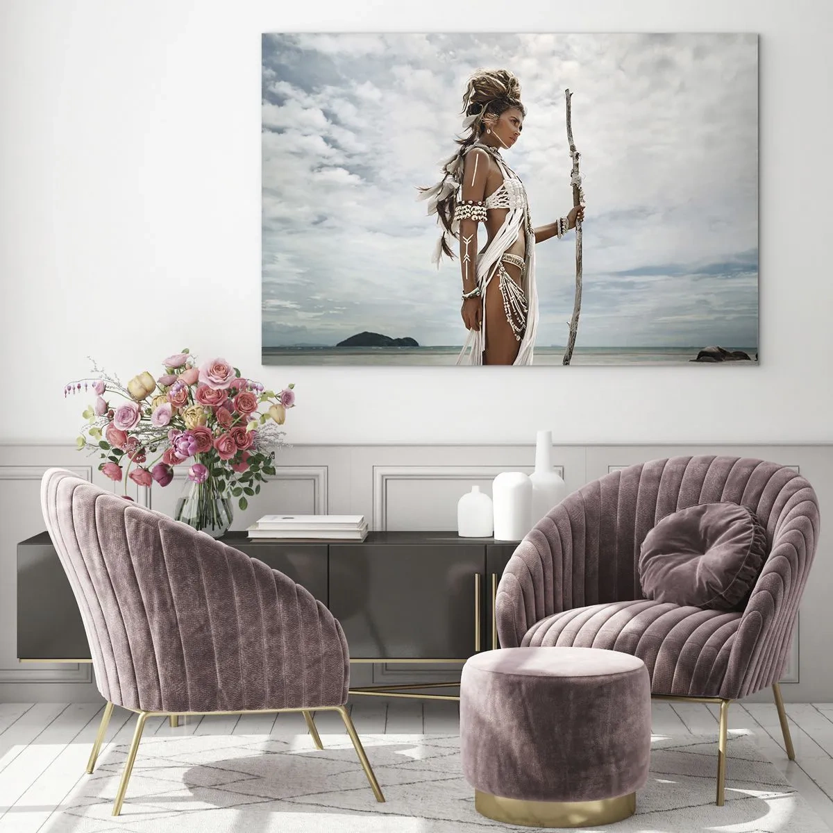 Quadro su vetro - Una figura esotica contro la spiaggia e il cielo - 100x70cm - La regina dei tropici - Decorazione murale moderna per soggiorno e camera da letto ARTTOR