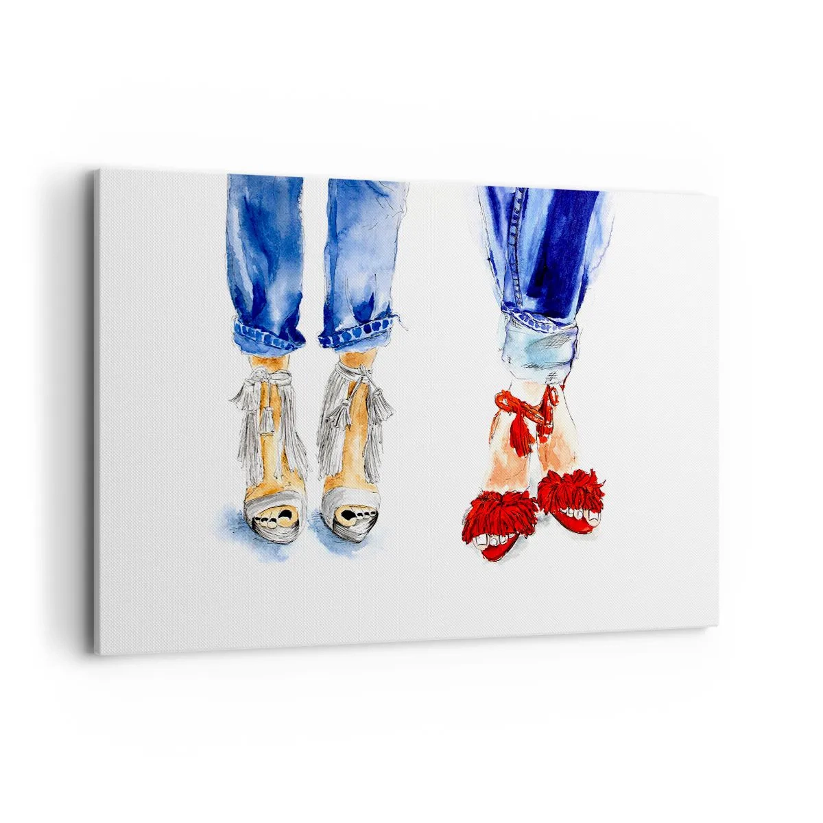Quadro su tela - Stampe su Tela - Illustrazione di due paia di scarpe con sandali eleganti e jeans - 120x80cm - Facciamo una passeggiata? - Decorazione murale moderna per soggiorno e camera da letto ARTTOR