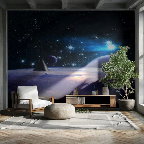 Fotomurali Premium Canvas - Una vista dello spazio con pianeti e stelle - 100x70cm - Sempre da soli? - Decorazione murale moderna per soggiorno e camera da letto ARTTOR