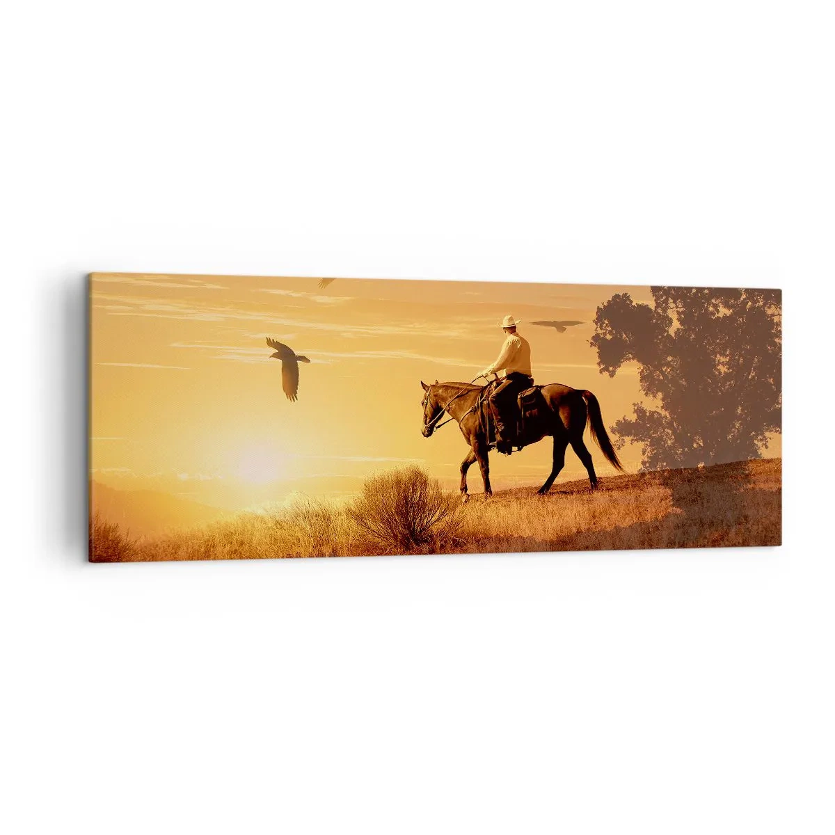 Quadro su tela - Stampe su Tela - Un cavaliere a cavallo al tramonto sullo sfondo della prateria - 140x50cm - Da solo nella prateria - Decorazione murale moderna per soggiorno e camera da letto ARTTOR