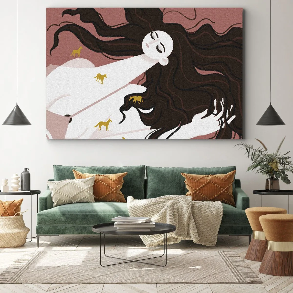 Quadro su tela - Stampe su Tela - Una figura con gli occhi chiusi circondata da cavalli dorati - 70x50cm - Il sogno del cavallo d'oro - Decorazione murale moderna per soggiorno e camera da letto ARTTOR