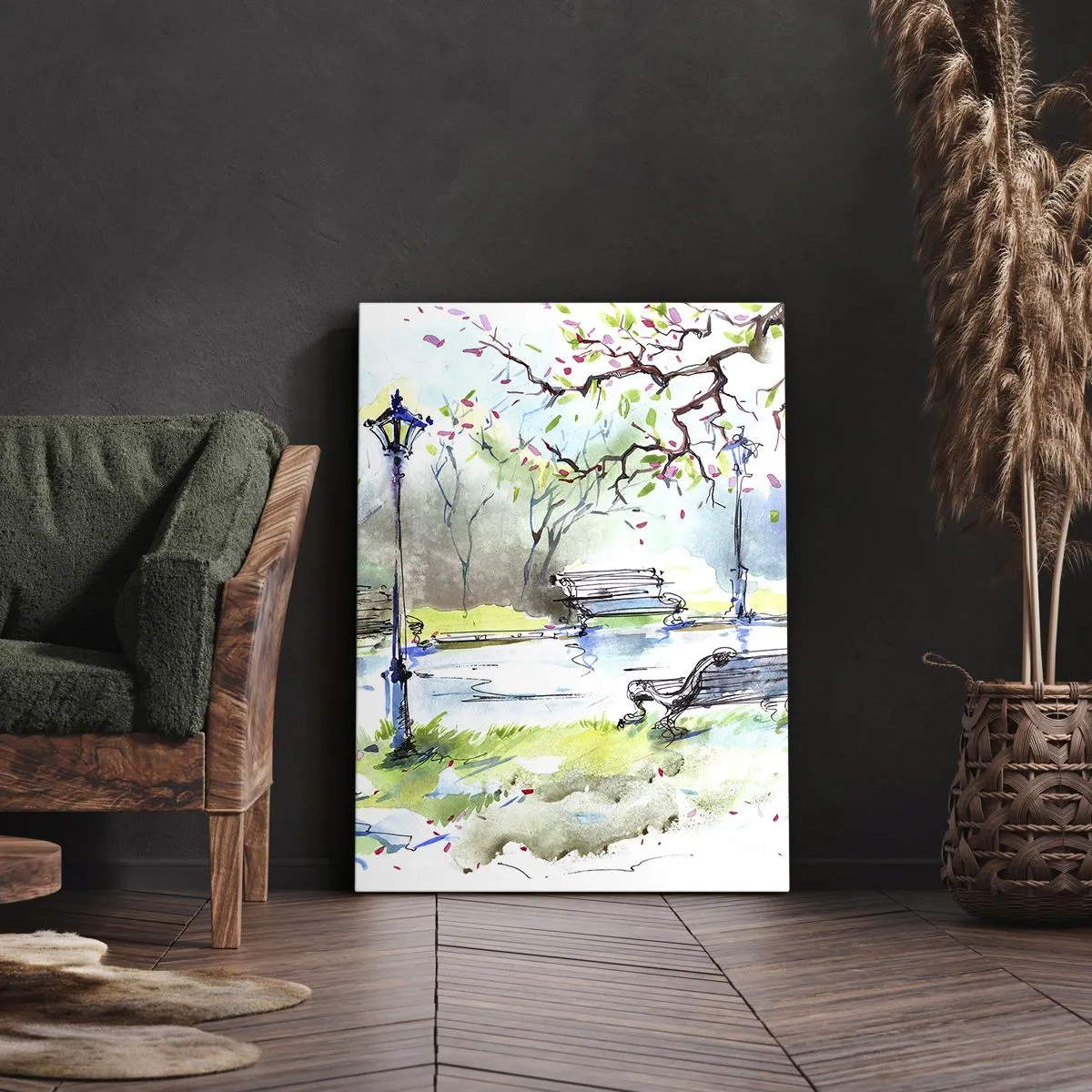 Quadro su tela - Stampe su Tela - Scena di parco ad acquerello con panchine e lampade - 50x70cm - Il fascino del silenzio del parco - Decorazione murale moderna per soggiorno e camera da letto ARTTOR
