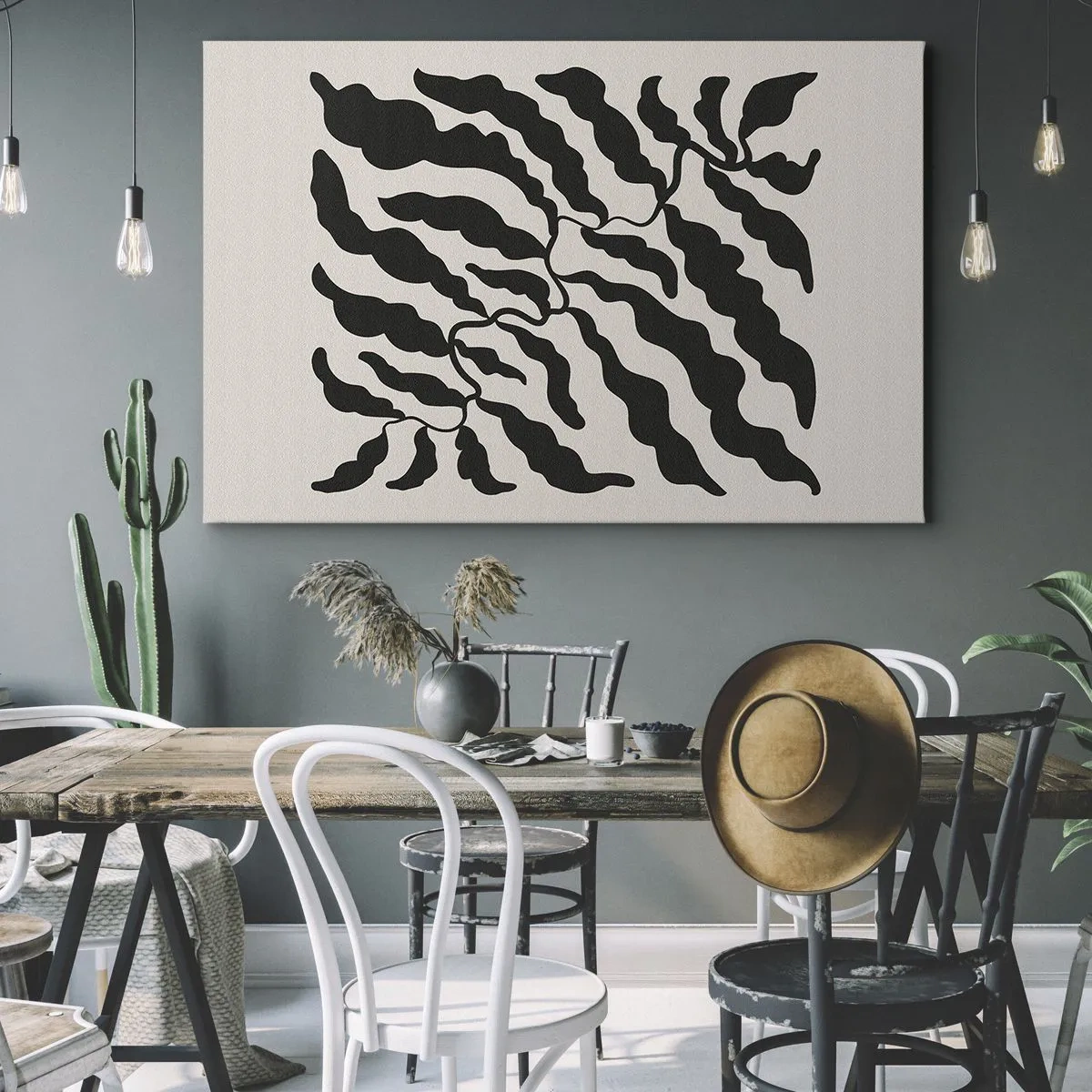 Quadro su tela - Stampe su Tela - Ramoscelli con foglie nere su sfondo chiaro - 70x50cm - La natura del quadrato - Decorazione murale moderna per soggiorno e camera da letto ARTTOR