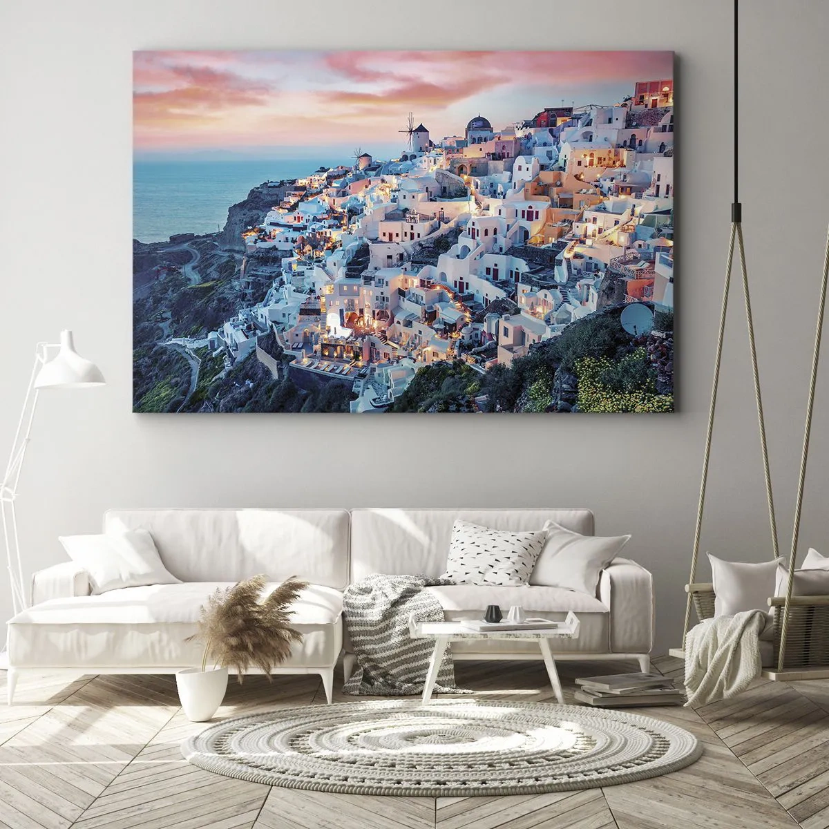 Quadro su tela - Stampe su Tela - Santorini al tramonto con edifici bianchi sulla collina - 120x80cm - La tua grossa vacanza greca - Decorazione murale moderna per soggiorno e camera da letto ARTTOR