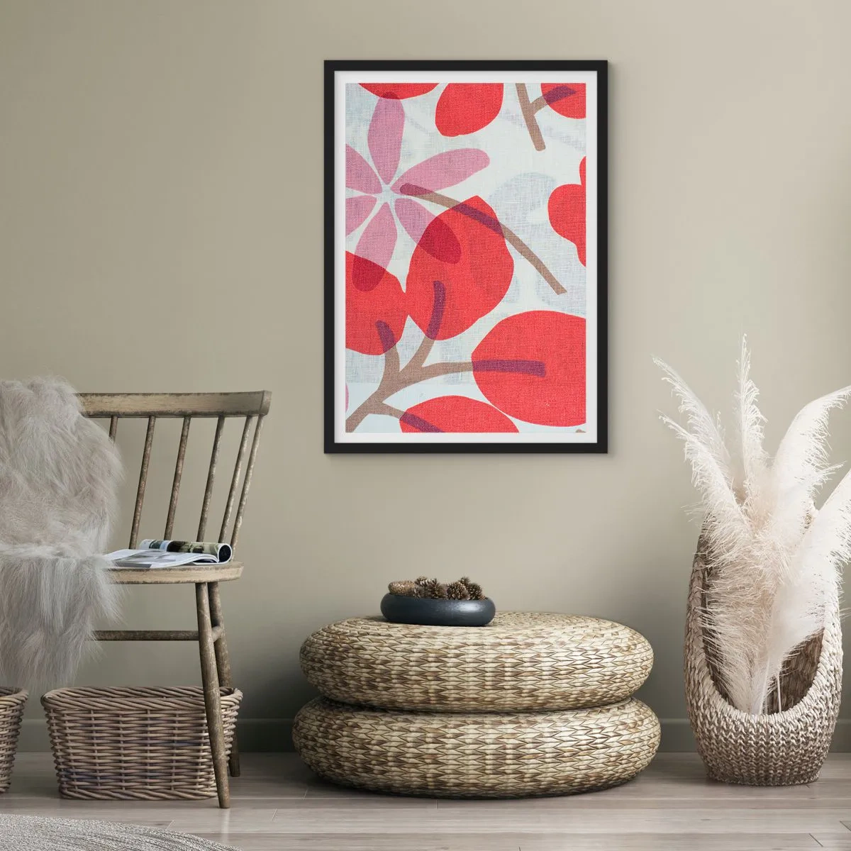 Poster in cornice nera - Composizione botanica di foglie e fiori in rosso - 50x70cm - Composizione di fiori in rosa - Decorazione murale moderna per soggiorno e camera da letto ARTTOR