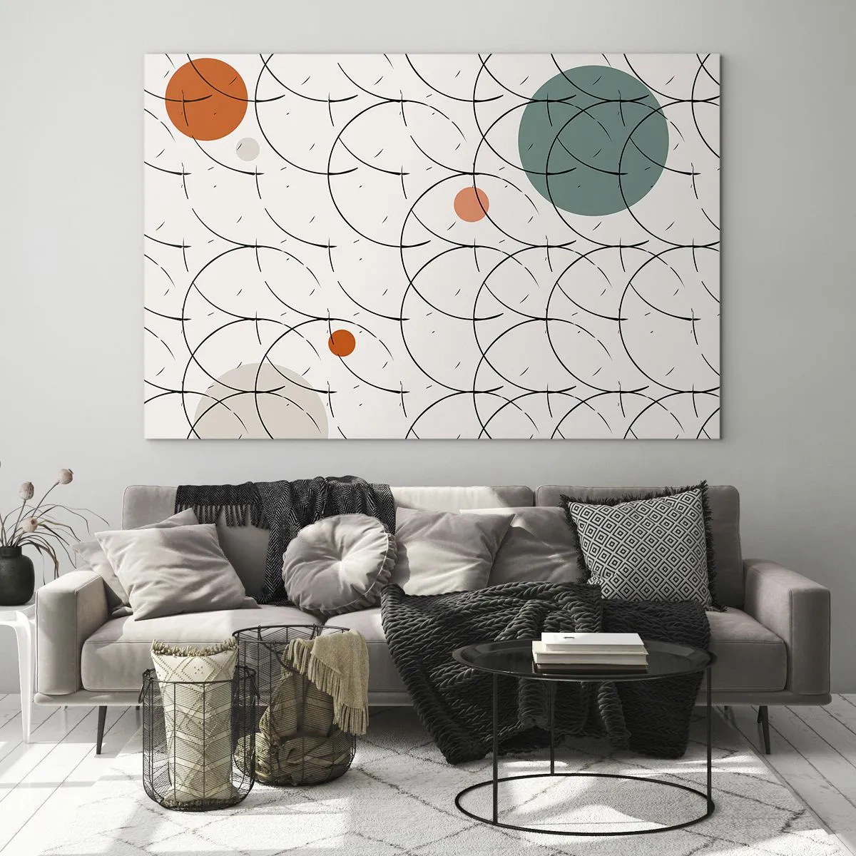 Quadro su vetro - Cerchi colorati e linee nere su uno sfondo chiaro in stile pop art. - 70x50cm - Nello spirito della pop-art - Decorazione murale moderna per soggiorno e camera da letto ARTTOR