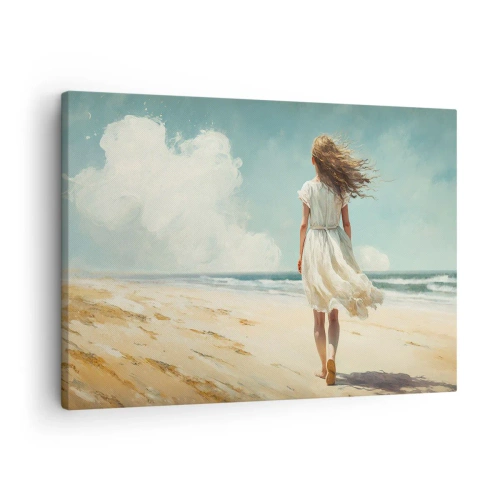 Quadro su tela - Stampe su Tela - Una donna in abito bianco che cammina sulla spiaggia in una giornata di sole - 70x50cm - Dove sole e vento si incontrano - Decorazione murale moderna per soggiorno e camera da letto ARTTOR