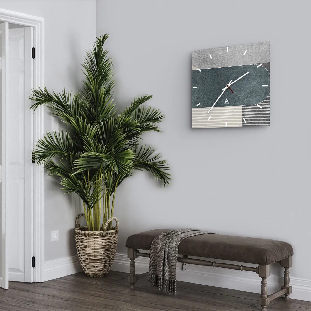 Orologio da parete - Orologio in Vetro - Astrazione geometrica nei toni del grigio e del verde - 30x30cm - Composizione orizzontale - Decorazione murale moderna per soggiorno e camera da letto ARTTOR