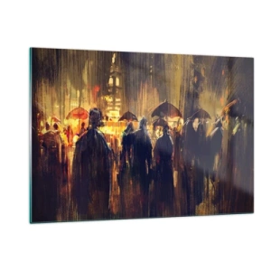 Quadro su vetro - Una folla con ombrelli sotto la pioggia sullo sfondo delle luci della città - 120x80cm - Gli adoratori della pioggia - Decorazione murale moderna per soggiorno e camera da letto ARTTOR